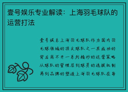 壹号娱乐专业解读：上海羽毛球队的运营打法