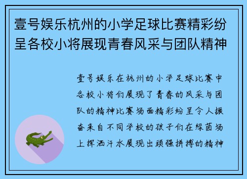 壹号娱乐杭州的小学足球比赛精彩纷呈各校小将展现青春风采与团队精神