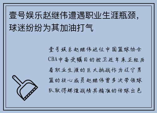 壹号娱乐赵继伟遭遇职业生涯瓶颈，球迷纷纷为其加油打气